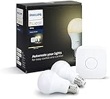 Philips Hue White E27 LED Lampe Starter Set, zwei Lampen inkl. Bridge, dimmbar, warmweißes Licht, steuerbar via App, kompatibel mit Amazon Alexa (Echo, Echo Dot)