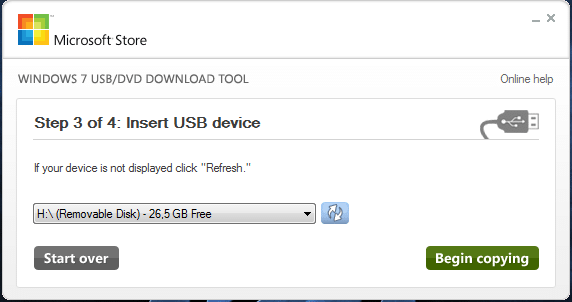 USB-Stick auswählen zum kopieren der Windows 7 Dateien