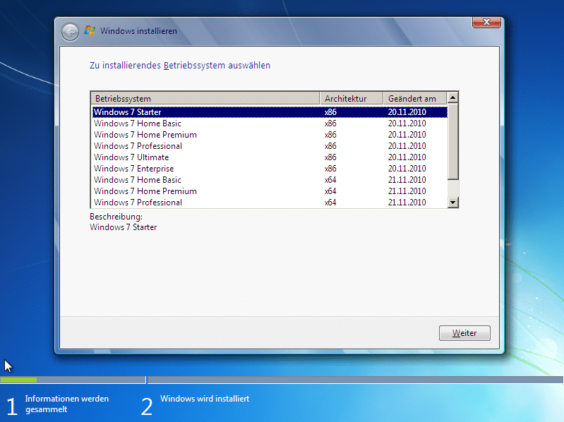 Windows 7 alle Versionen auswählbar
