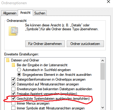 Windows 10 Geschützte Systemdateien ausblenden