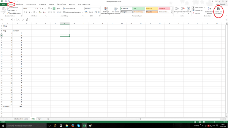 Excel Blatt mit Zahlenkollone