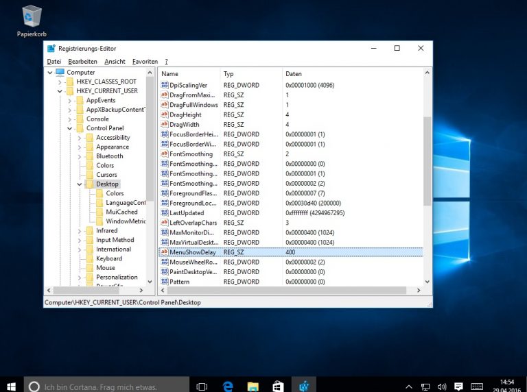 Windows 10 Menüverzögerung Registry