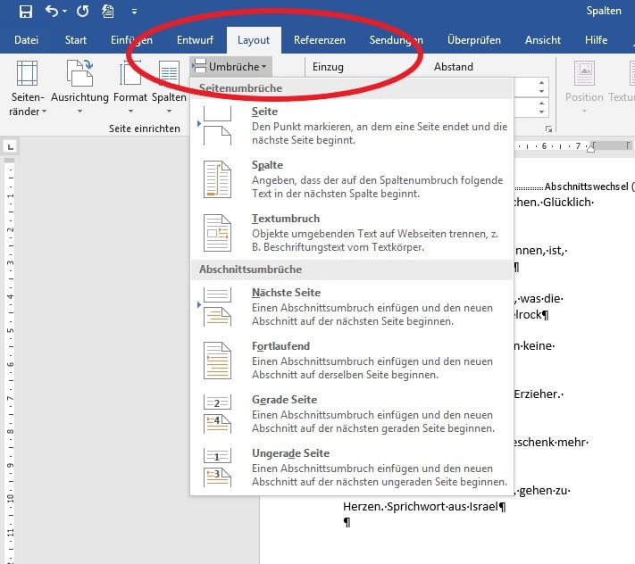 Spaltenverarbeitung und manuelle Umbrüche in Microsoft Word