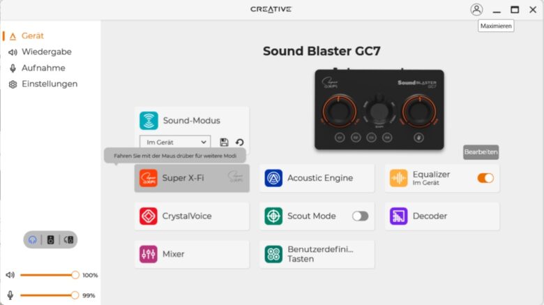 Creative Sound Blaster GC7 Test: Creative App