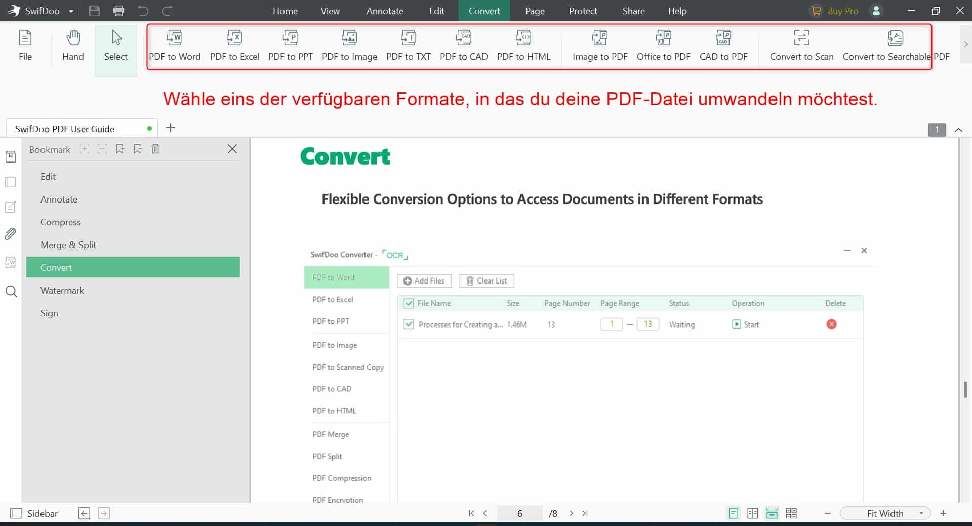 PDF-Dateien mit SwifDoo PDF Editor konvertieren