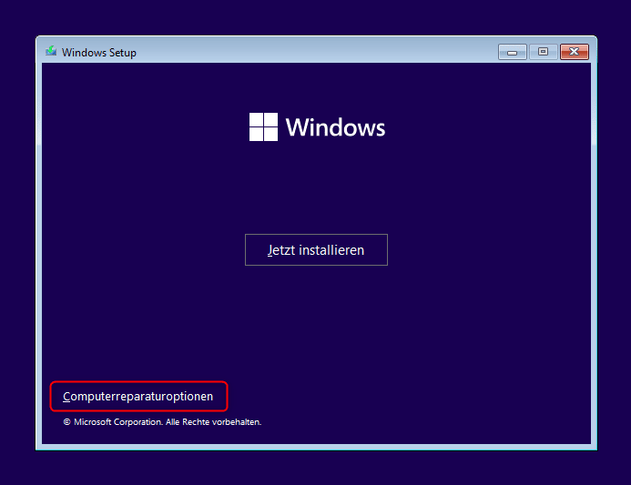 Computerreparaturoptionen per Windows-Setup