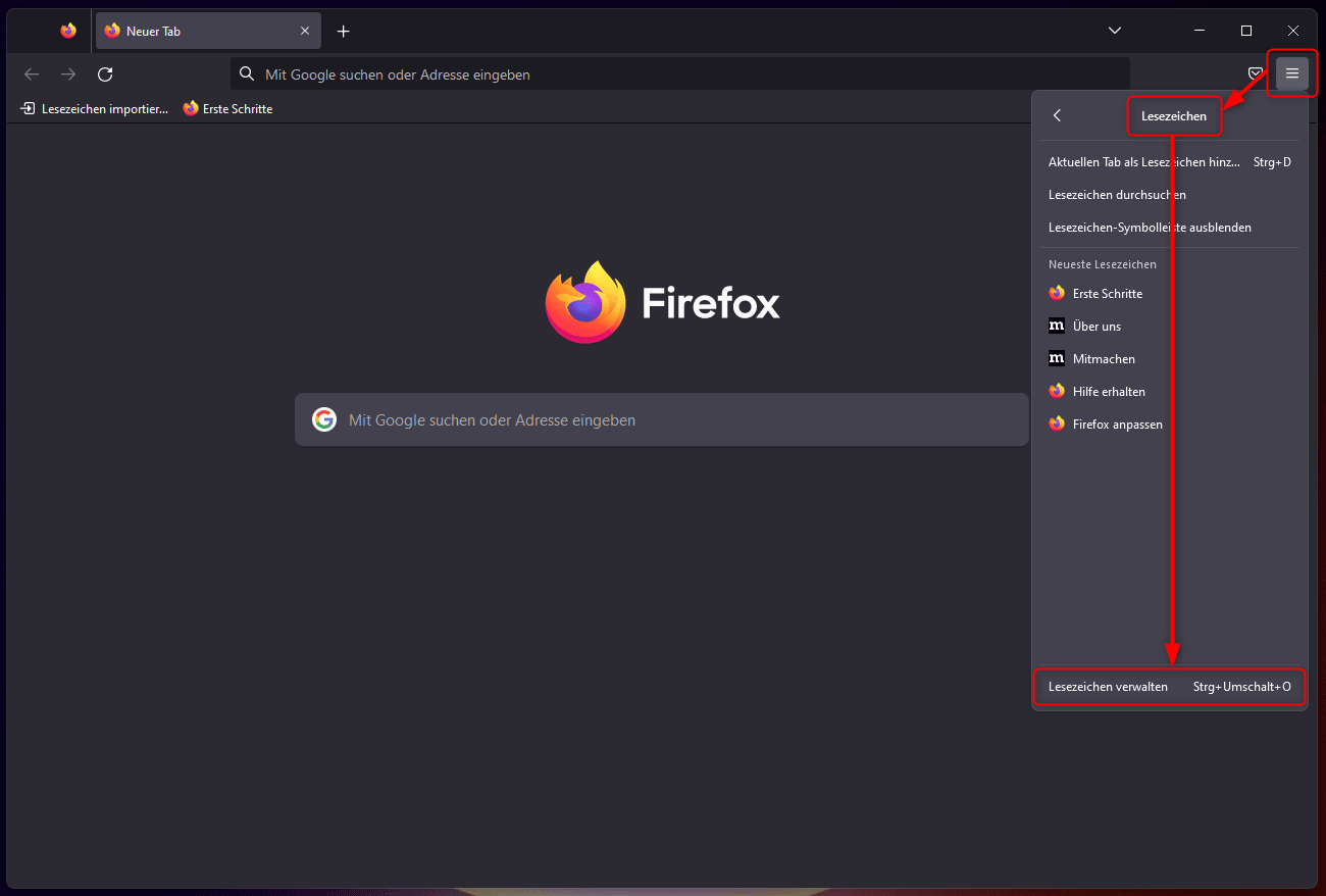 Firefox Lesezeichen exportieren: Navigation zur Lesezeichen-Bibliothek