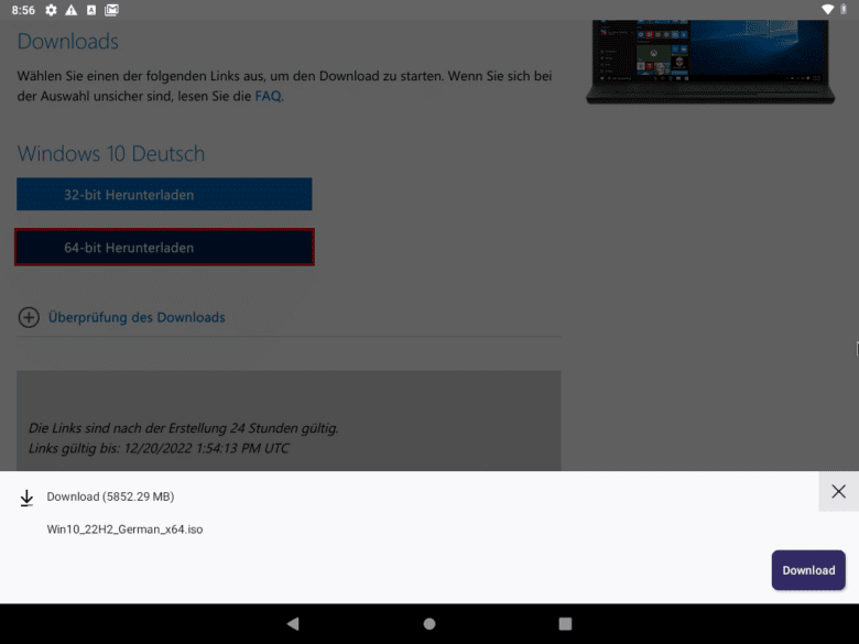 Bei Firefox findest du die Downloadleiste sowie den Download-Button am unteren Displayrand