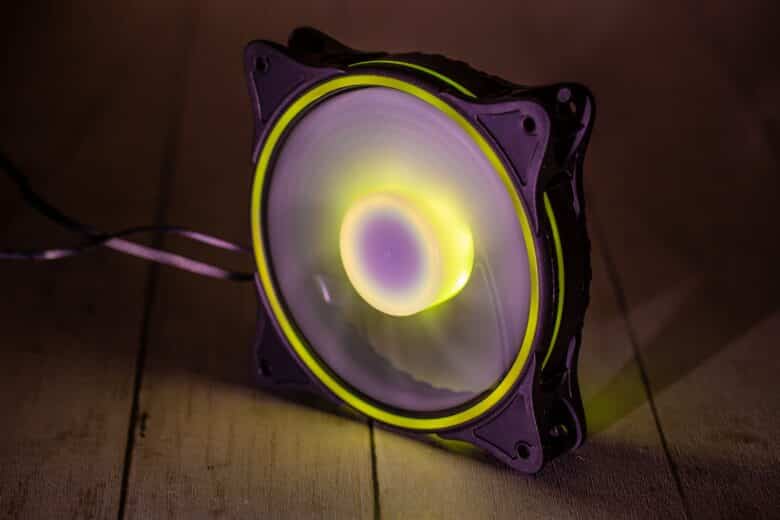 Fan with yellow RGB LED lighting