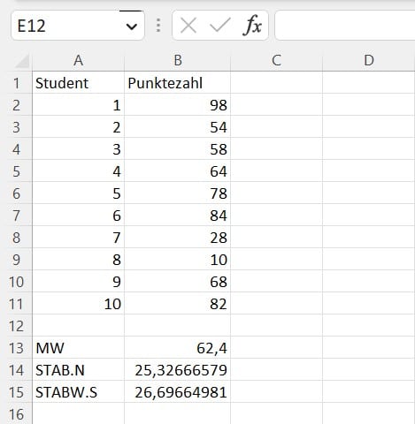 Standardabweichung S in Excel