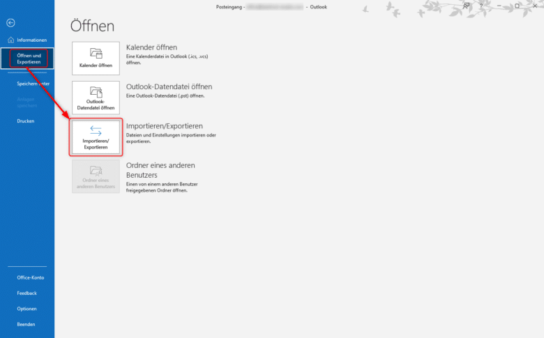 Beginne mit der Import-Export-Funktion in Microsoft Outlook, um eine neue PST-Datei zu erstellen