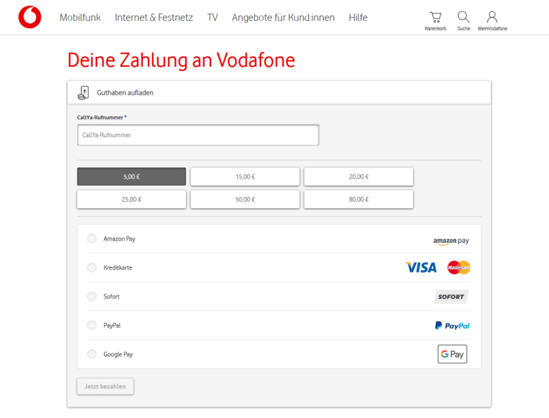 Vodafone über Online-Zahlungsmöglichkeiten aufladen