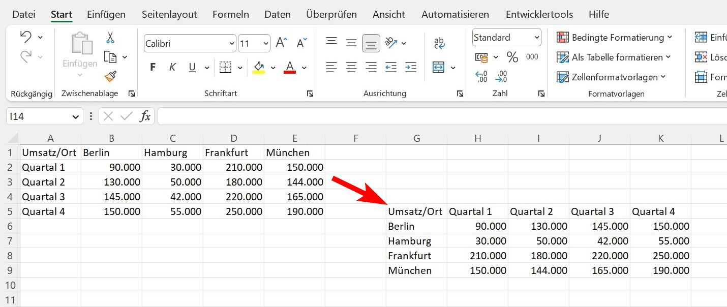 Transponieren in Excel
