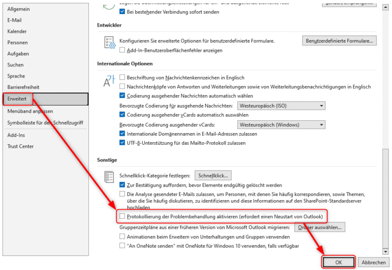 Du kannst erst Outlook Logs anzeigen, wenn du die Protokollierung aktiviert hast