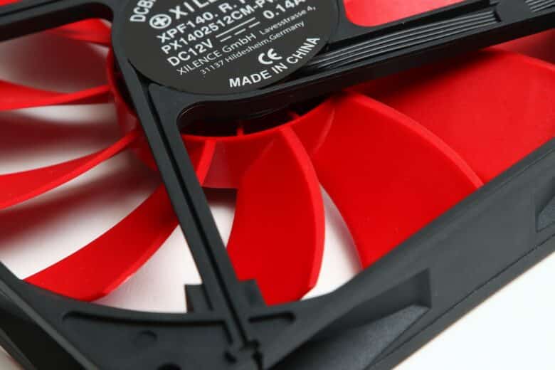 Red fan blades from behind
