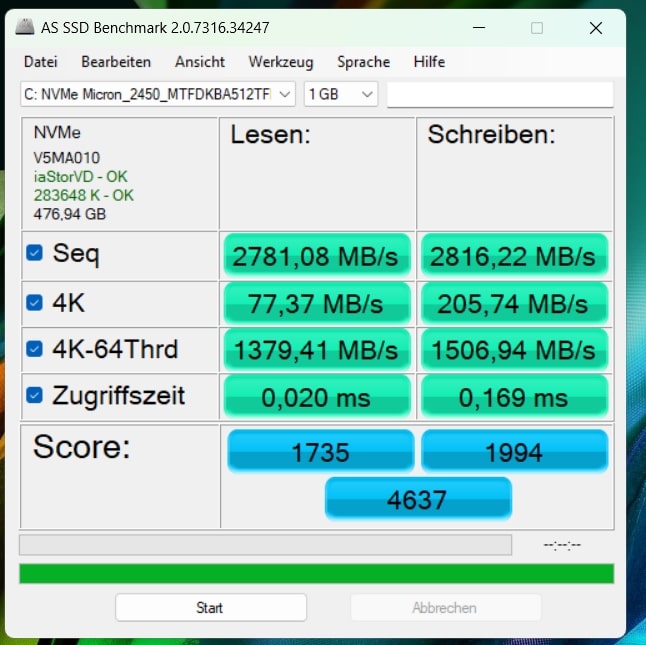 Acer Aspire 5 Spin AS-SSD Benchmark