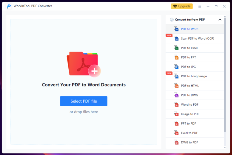 PDF konvertieren war selten so einfach: Format wählen, PDF droppen und los geht's.