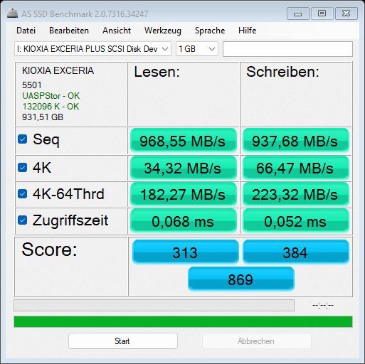 Ergebnisse des AS SSD Benchmark