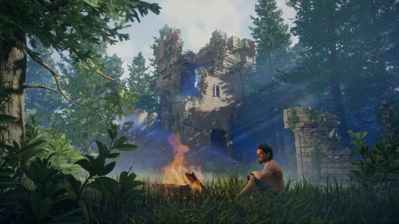 Screenshot aus dem Survival-Spiel Enshrouded zeigt die Spielfigur an einem Lagerfeuer.