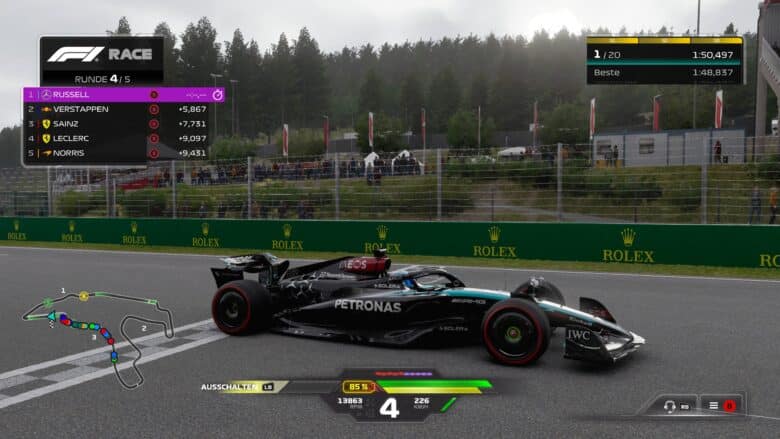 Screnshot aus F1 24 zeigt ein Rennen in Spa im Mercedes.