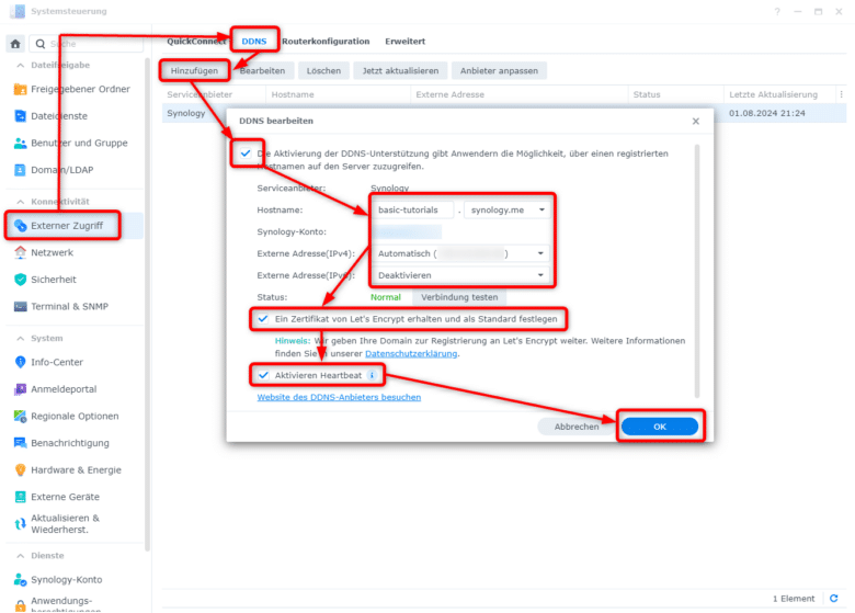 Wenn du über keine fixe IP-Adresse verfügst, nutze einfach den DDNS-DIenst von Synology.