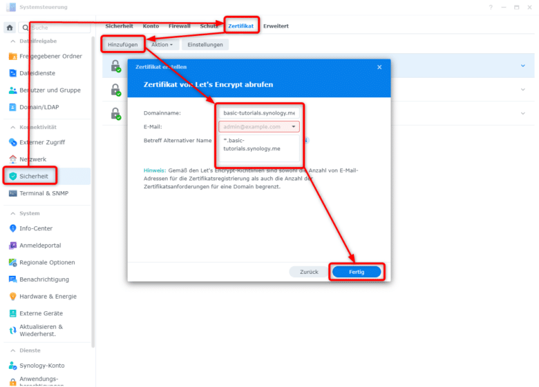 Mit ein paar Klicks beantragst du direkt ein Zertifikat von Let's Encrypt und ersetzt damit das Standard-Zertifikat des Synology-DDNS-Dienstes.