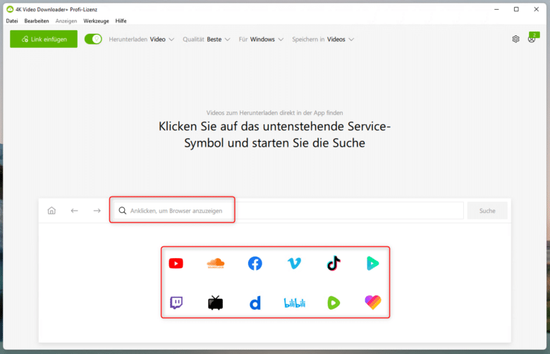 Im 4K Video Downloader hast du anschließend die Wahl, entweder direkt eine URL einzufügen oder dich ganz easy mit dem gewünschten Dienst zu verbinden und in der App zu suchen.